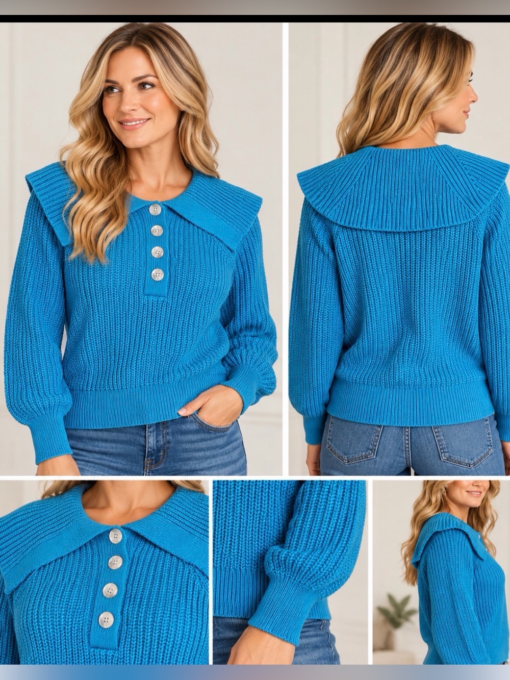LOFT Blue Ruffle Yoke Button Sweater Size Small NWT